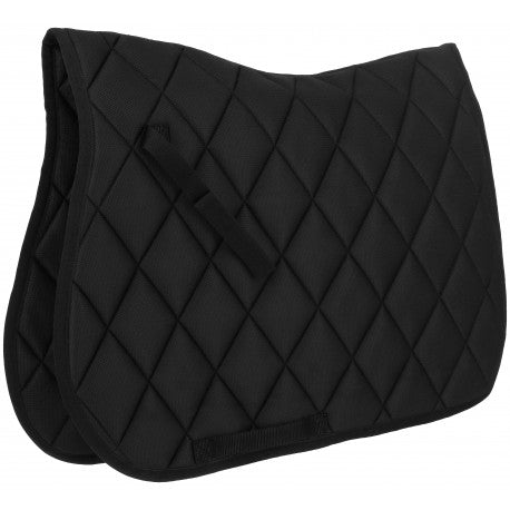 Black quilted saddle pad on a white background