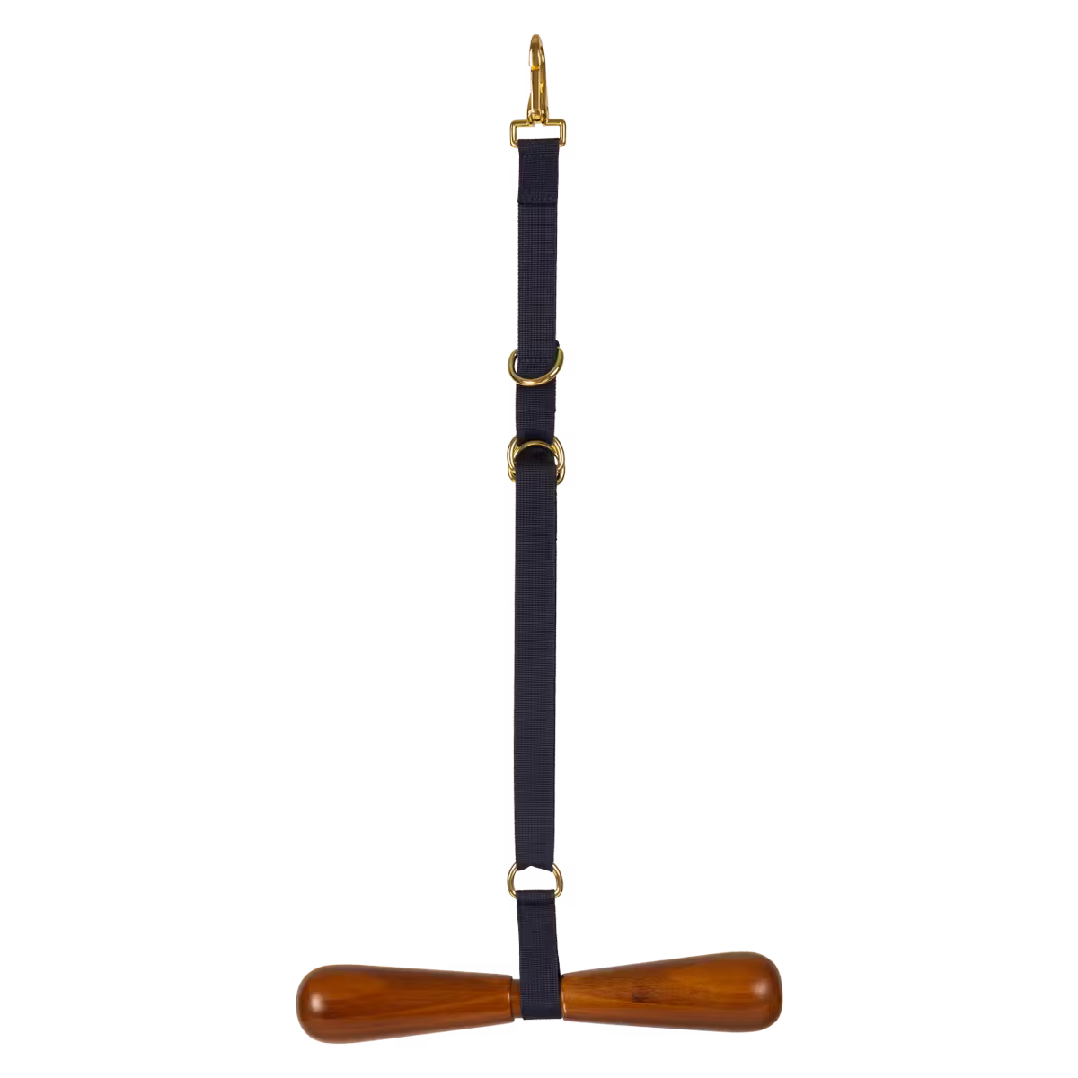 Saddle rack with navy strap and wooden handle on a white background