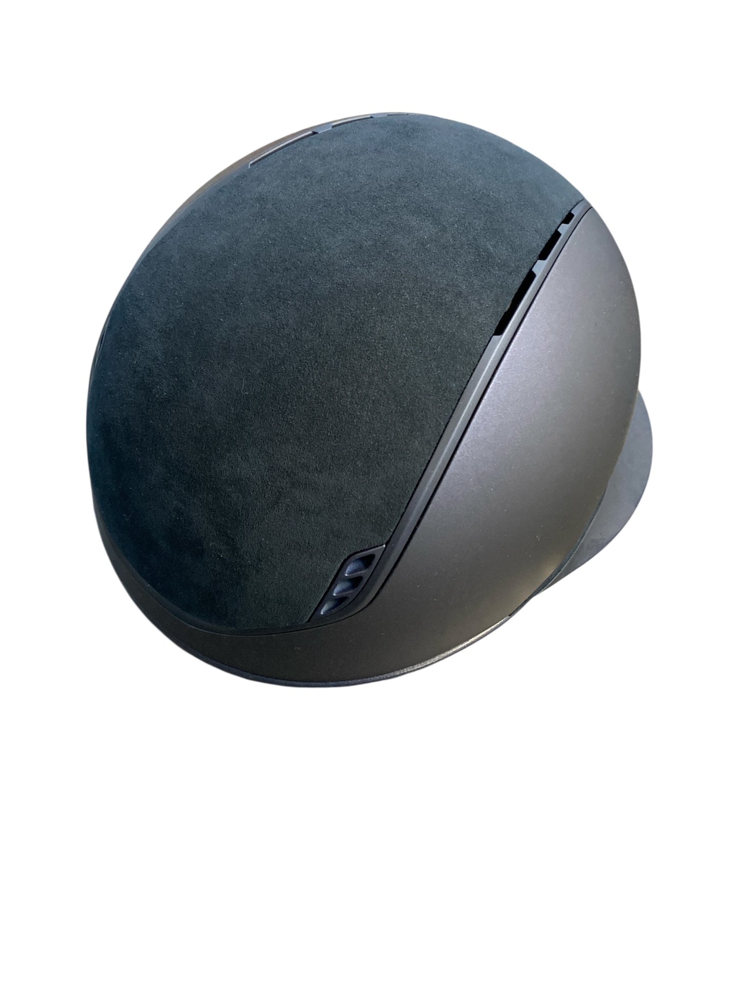 Navy helmet with a suede top on a white background