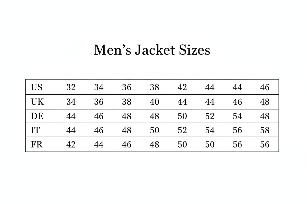 Size chart for Samshield men's jackets in various measurement systems.