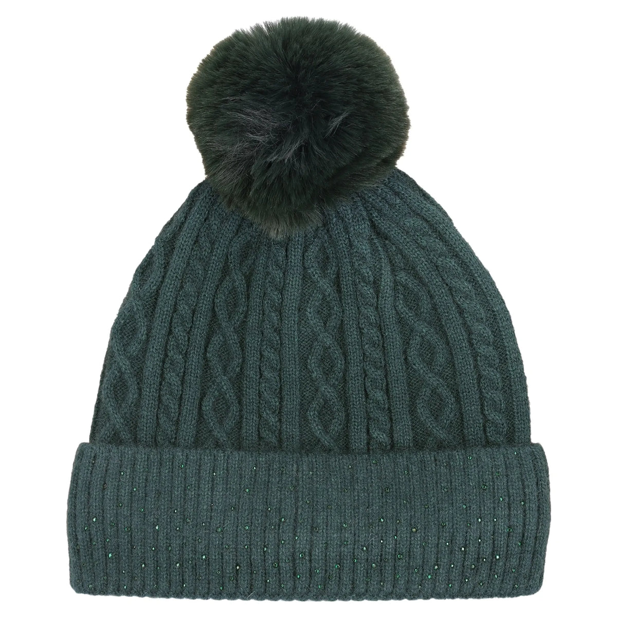 A dark green cable-knit beanie hat with a matching ribbed cuff and a fluffy dark green pom-pom on top, shown against a plain white background.