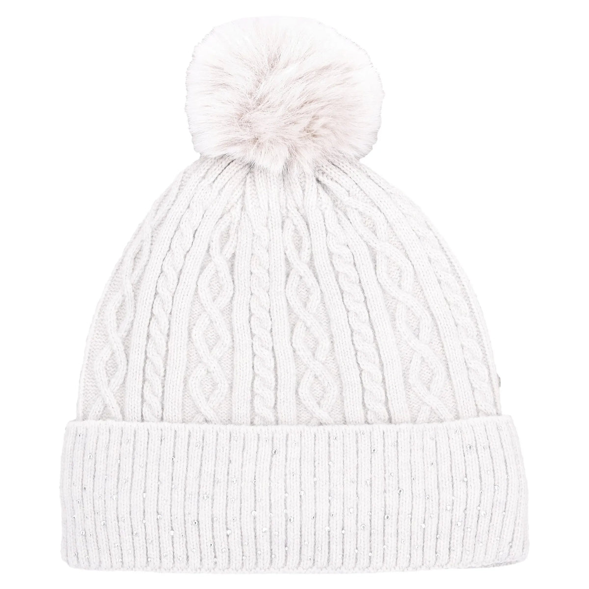 A white cable-knit beanie hat with a matching fluffy pom-pom on top, shown against a plain white background.