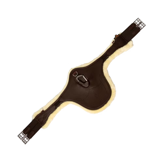 Brown leather girth with white lining on a transparent background