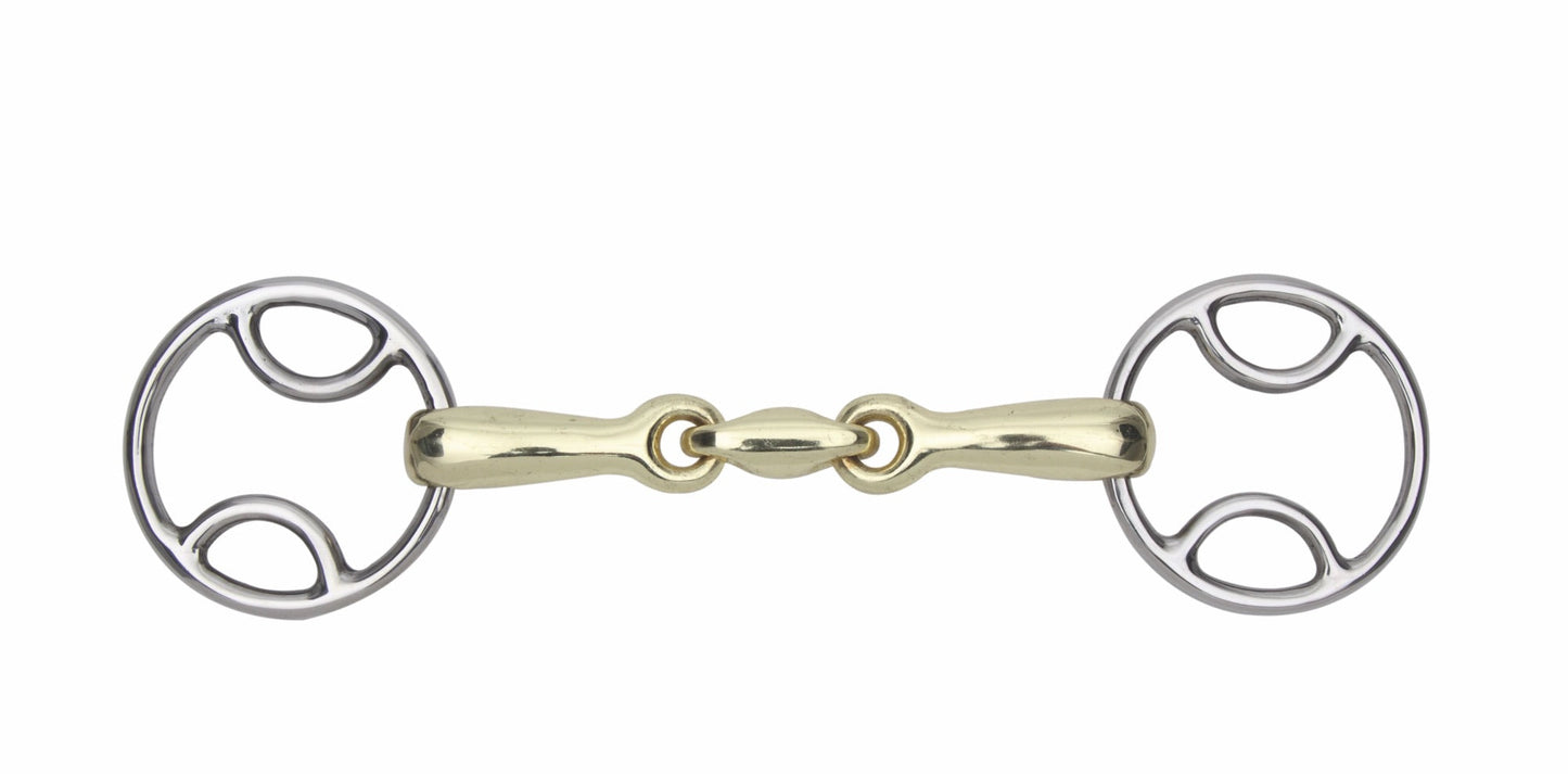 Horse bridle bit with gold and silver design on a white background