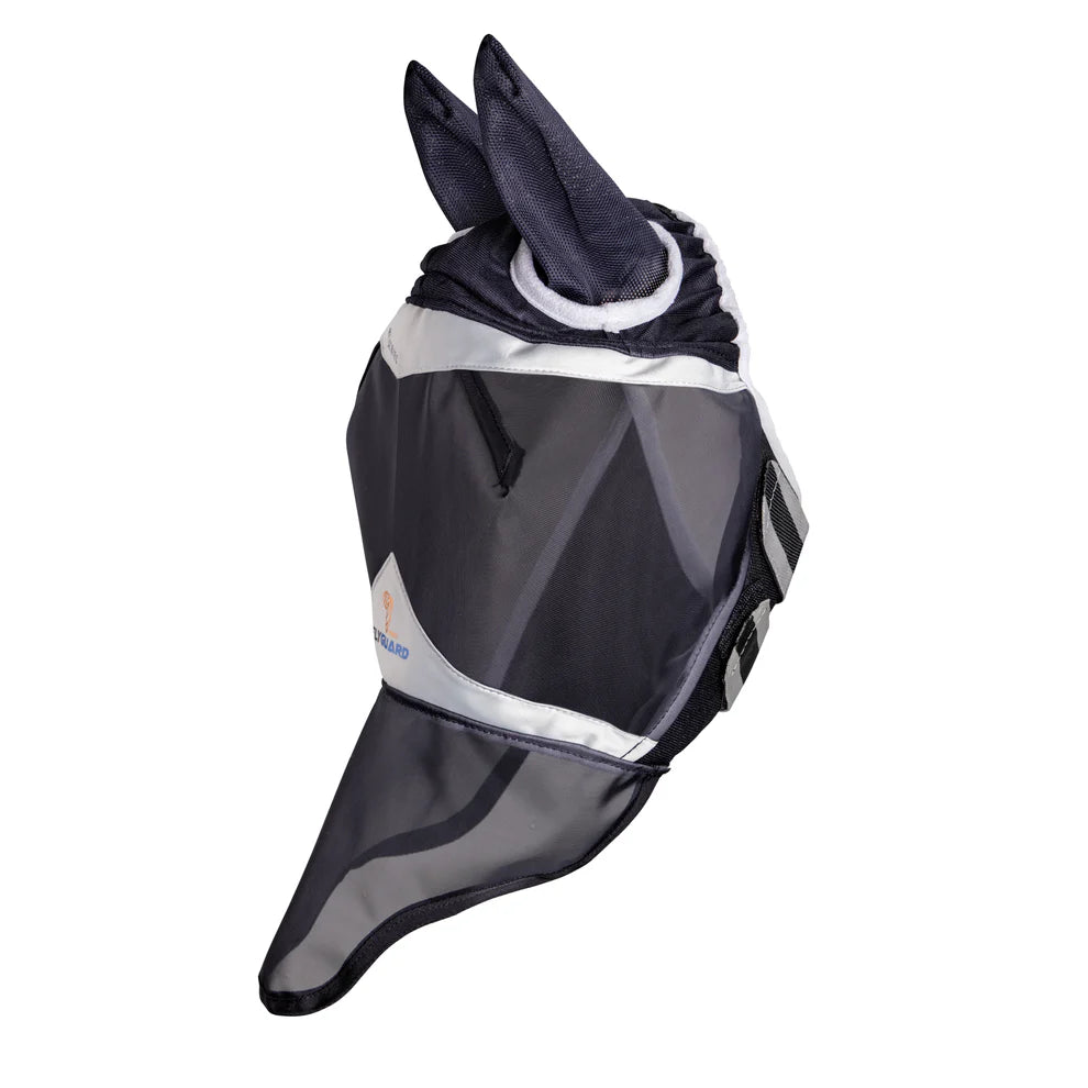 Black and gray horse fly mask with ear holes on a white background