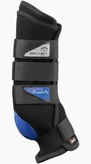 Black and blue protective boot with a brand label on a white background