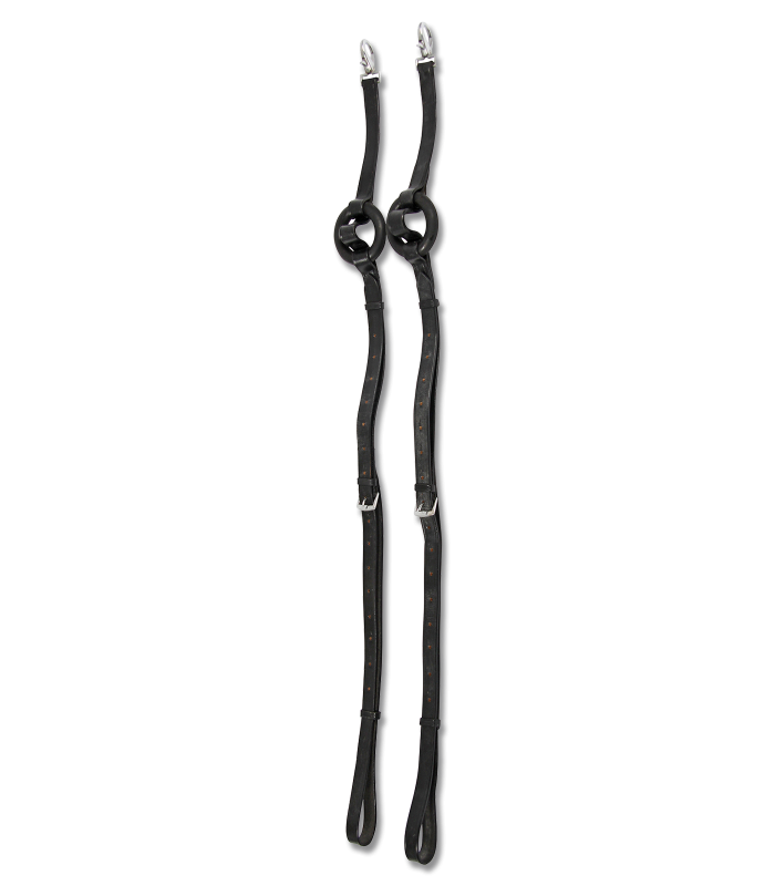 Black leather side reins with metal clasps on a white background