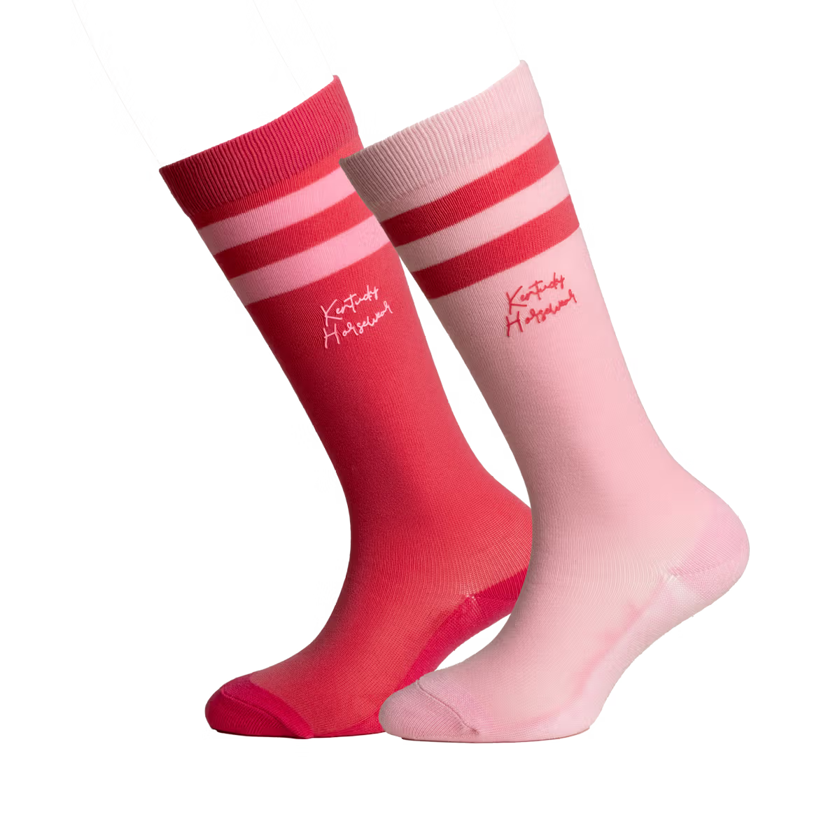 Red and pink socks with Kentucky Horsewear branding on a white background