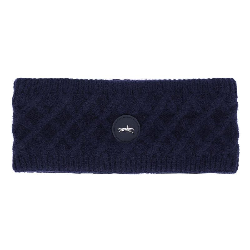 Navy knitted headband with a button on a white background