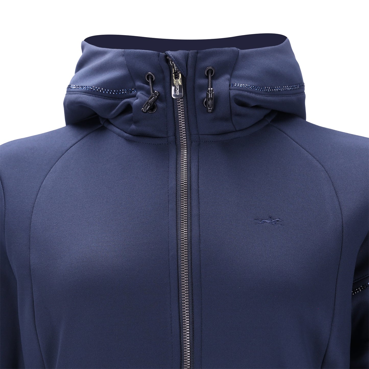 Navy blue sweat jacket with rhinestones on the hood on a white background