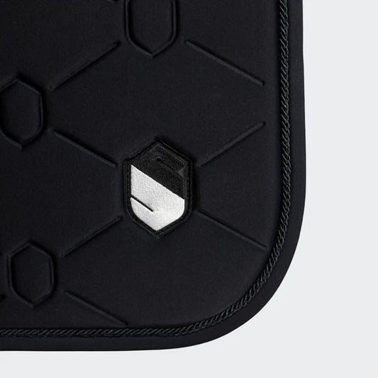 Detail of a black Samshield saddle pad on a white background