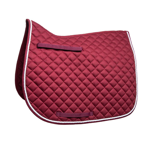 Red quilted saddle pad with white trim on a white background