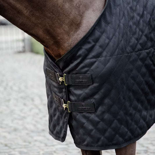 Black quilted horse blanket on a horse with a blurred background