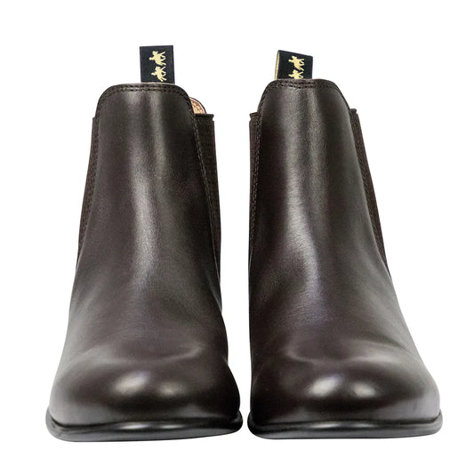 Pair of dark brown leather boots on a white background