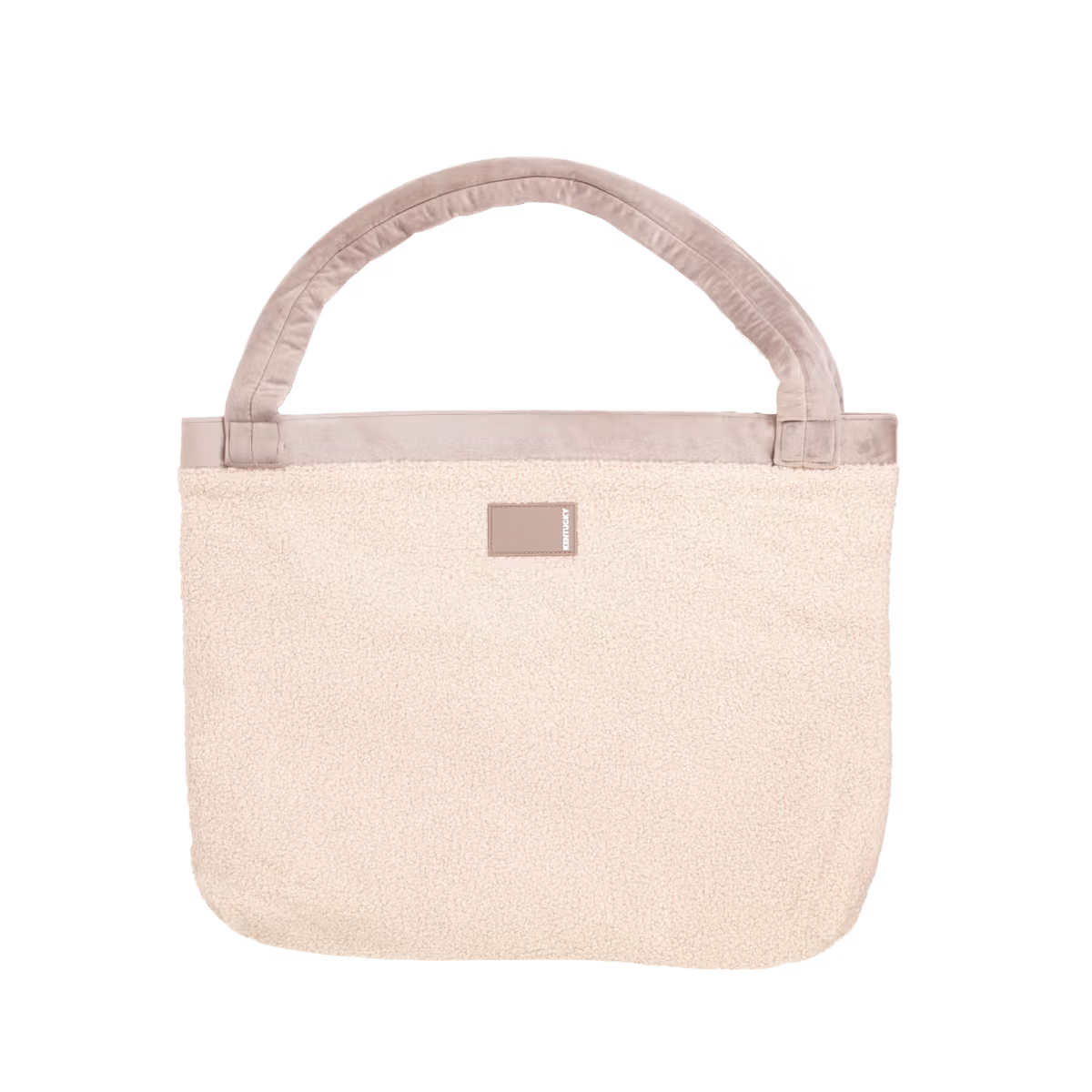 Beige handbag with a textured handle on a white background
