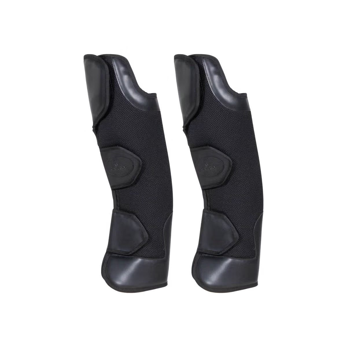 Pair of black protective leg guards on a white background