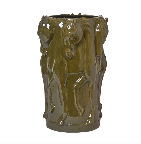 Green horse themed vase on a white background