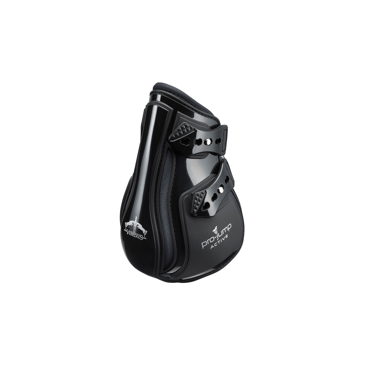 A pair of black Veredus Pro Jump Active Fetlock Boots designed for horses, featuring an anatomical shockproof double shell and reinforced elastic straps.