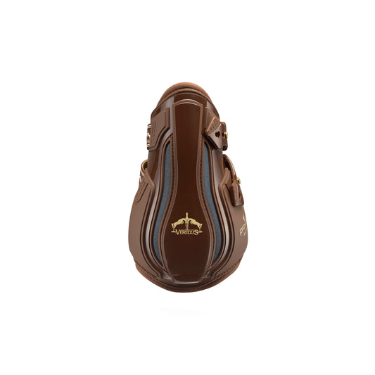 A pair of brown Veredus Pro Jump Active Fetlock Boots designed for horses, featuring an anatomical shockproof double shell and reinforced elastic straps.