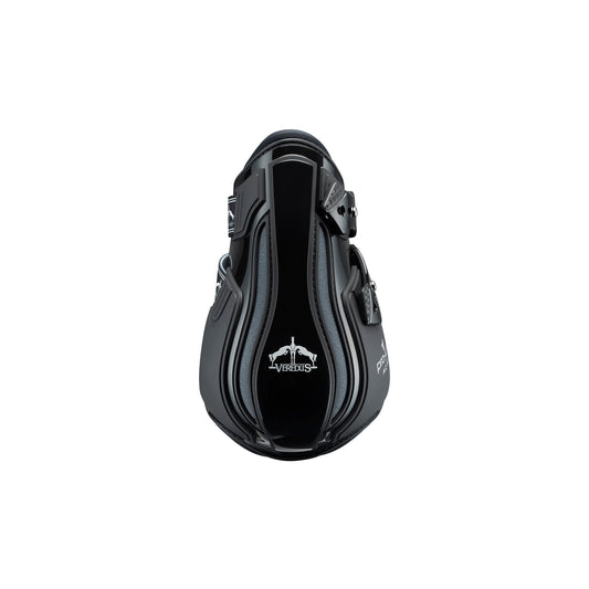 A pair of black Veredus Pro Jump Active Fetlock Boots designed for horses, featuring an anatomical shockproof double shell and reinforced elastic straps.