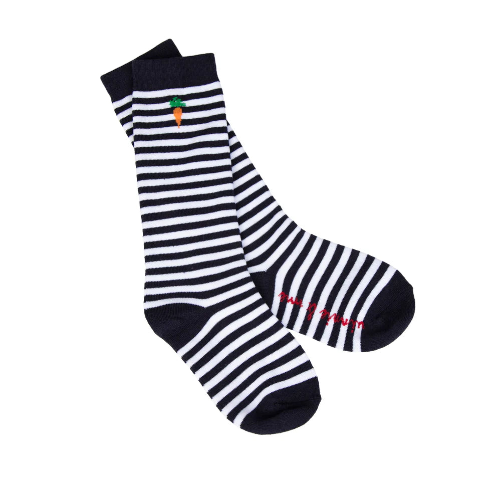 Pair of black and white striped socks with a brand logo on a white background