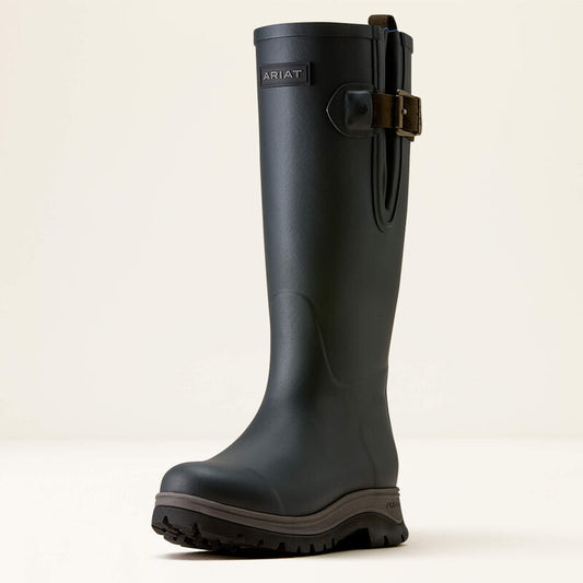 A single black Ariat mid-calf rain boot with a brown buckle strap on the back, shown against a plain off-white background.