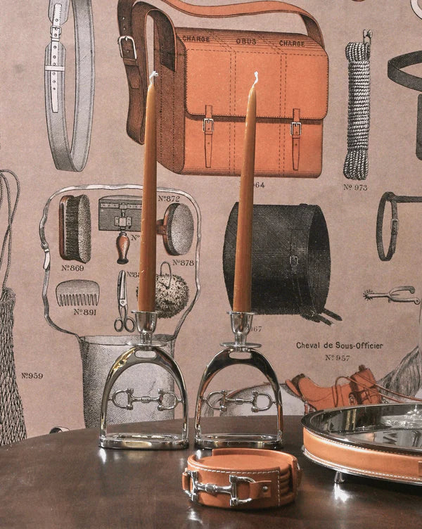 Adamsbro equestrian giftware display featuring stirrup candlesticks and leather-trimmed accessories – luxury equestrian decor from Boomerang.ie