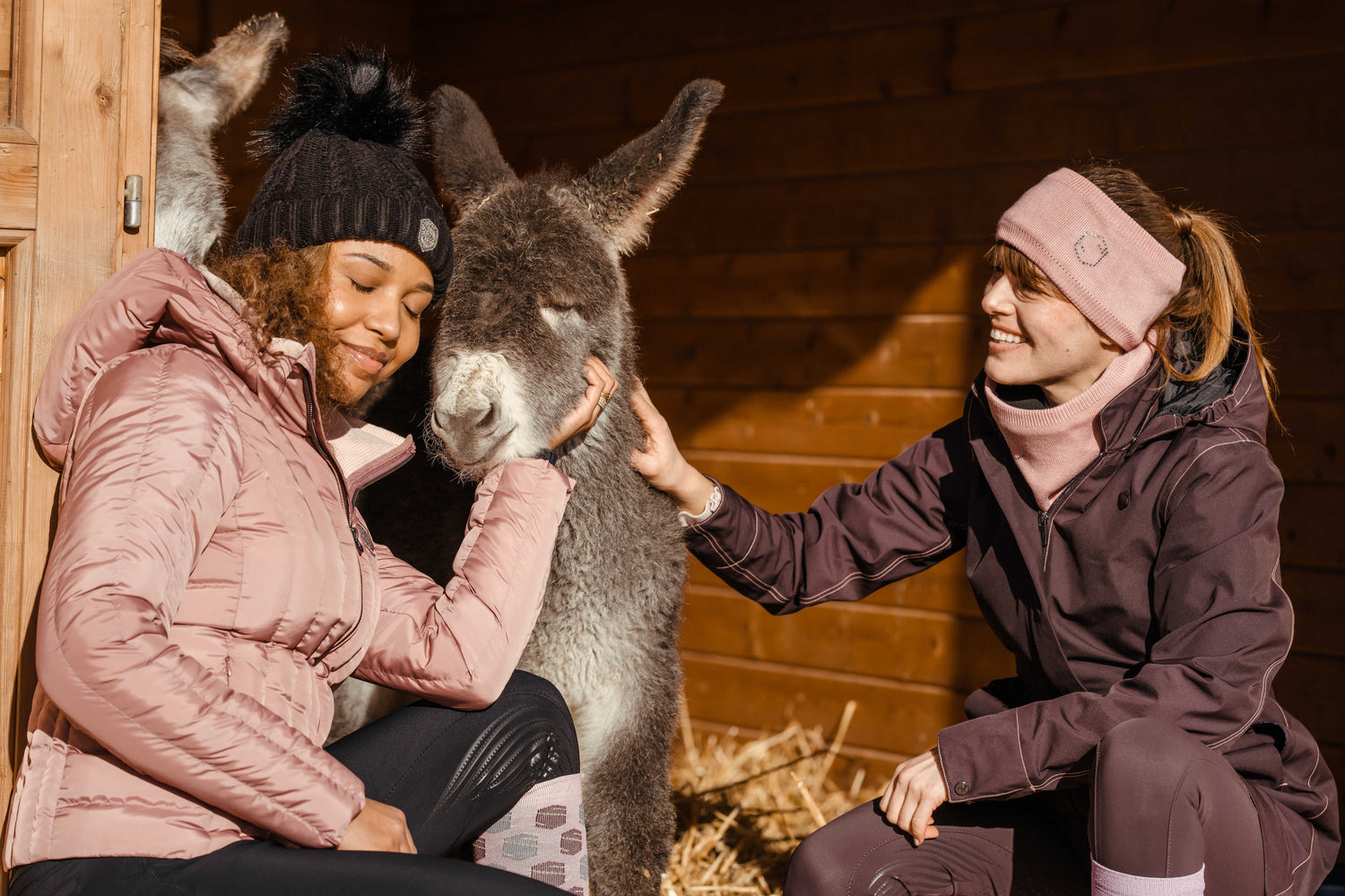 Two women wearing Samshield winter jackets and hats smiling while stroking a donkey in a stable – cosy equestrian style from Boomerang.ie Autumn Winter 2025