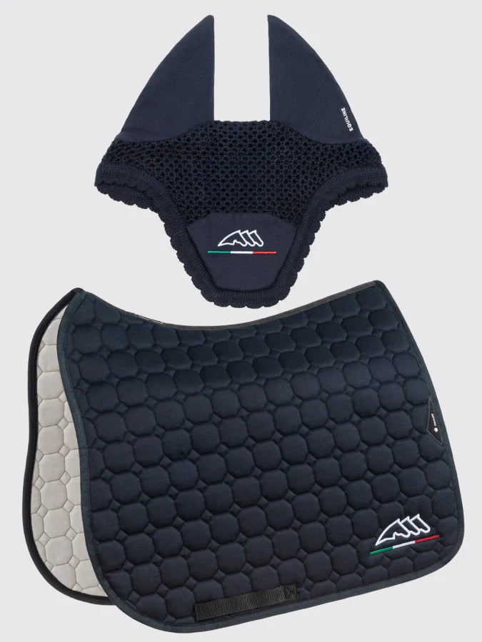 Equiline navy saddle pad and matching fly veil set with Italian flag logo – premium equestrian gear from Boomerang.ie.