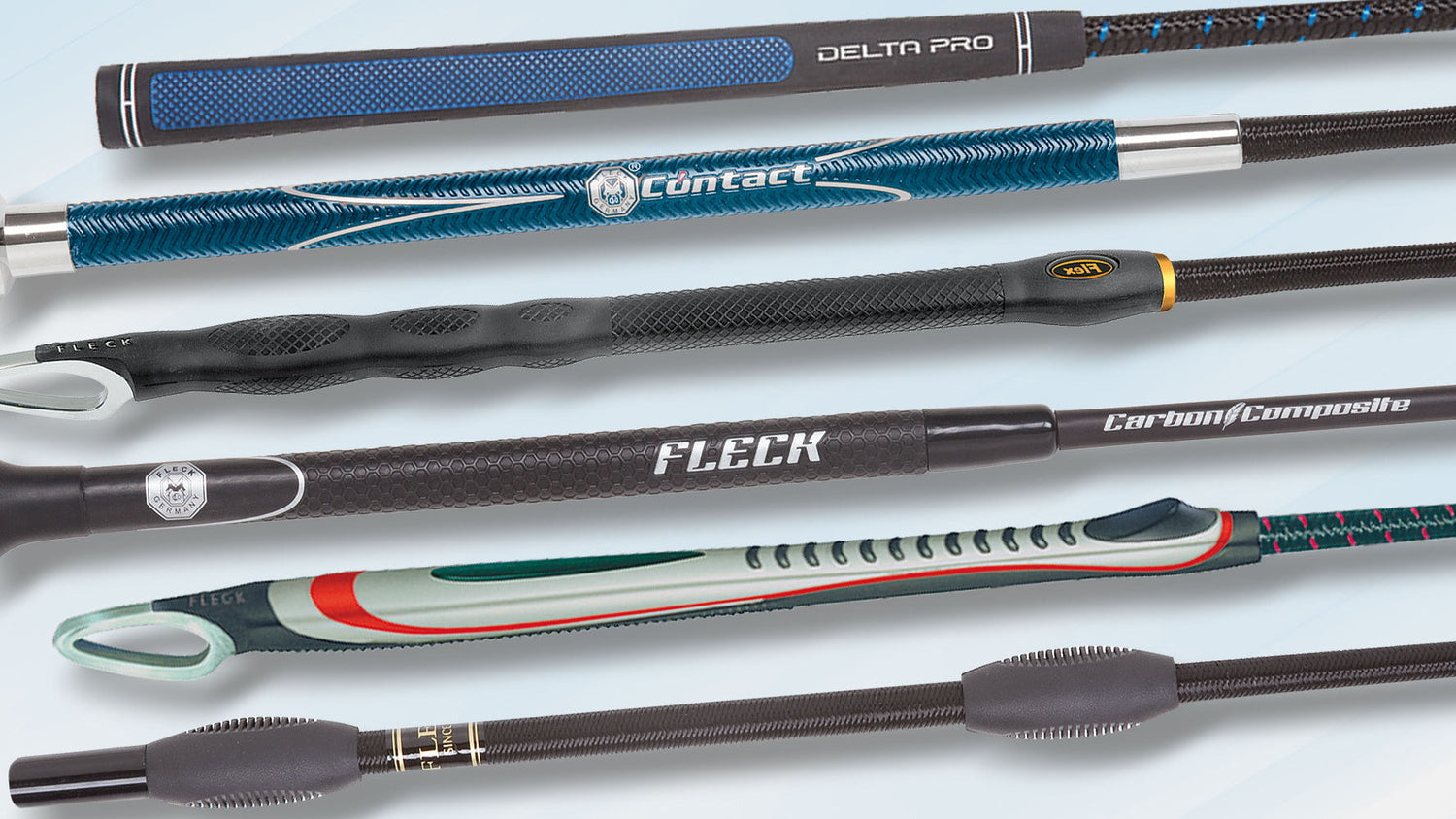 A variety of whips by the brand Fleck on a white background