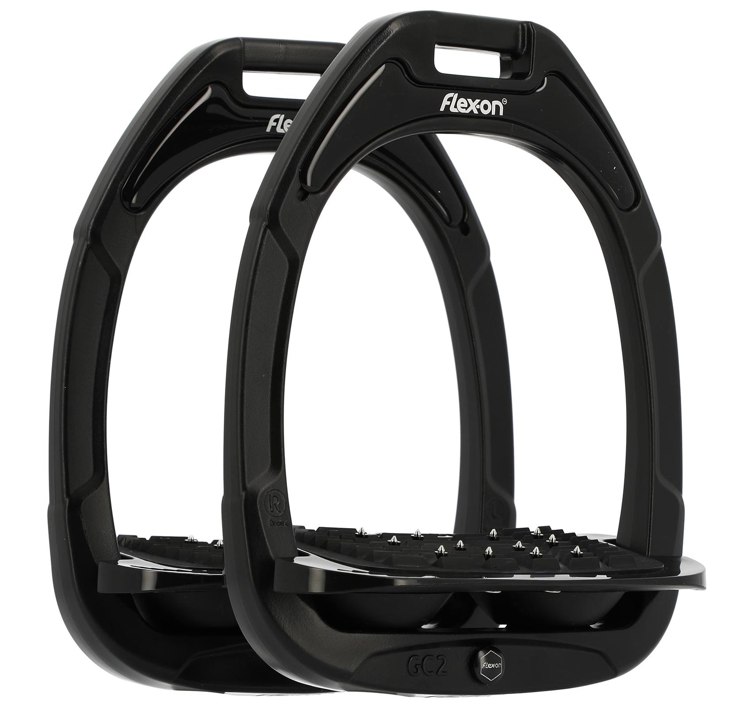 Pair of black Flex-On GC2 stirrups with shock-absorbing footbeds – innovative equestrian stirrups available at Boomerang.ie.