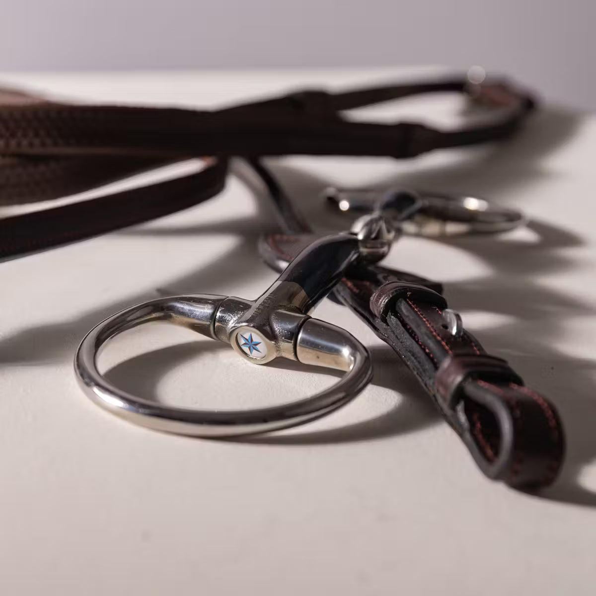Horse bit lying on leather cheekpieces on a grey background