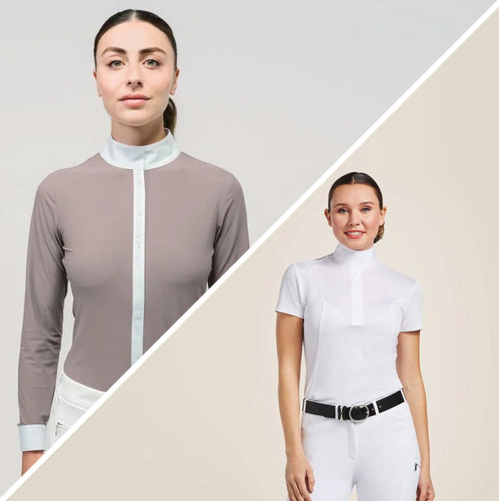 two ladies pictured dressed in competition breeches and competition shirts