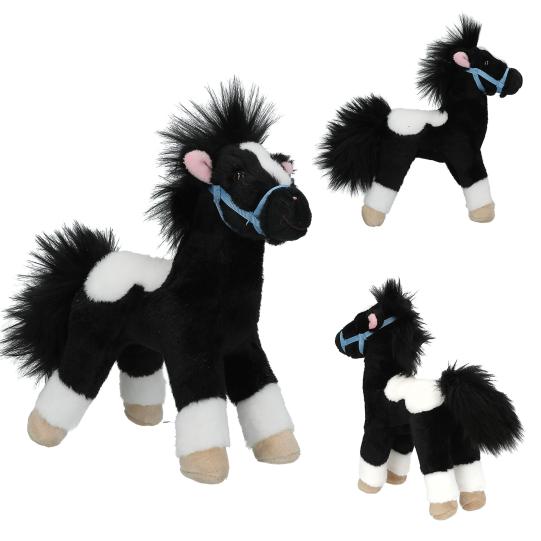 Three plush toy horses with black, white, and brown fur on a white background