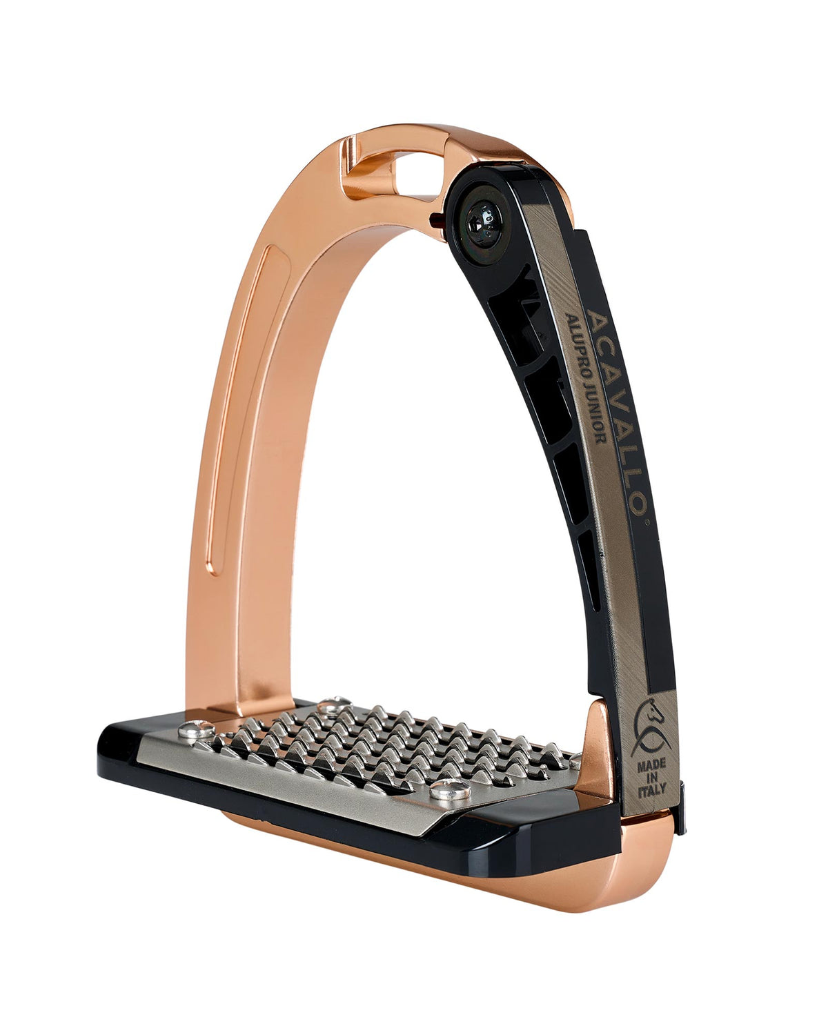 Rose gold and black equestrian stirrup with 'Acavallo' branding on a white background