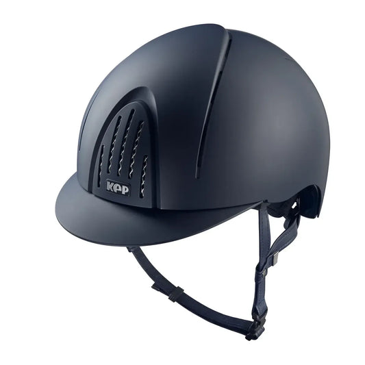 Navy riding helmet with KEP logo on a white background