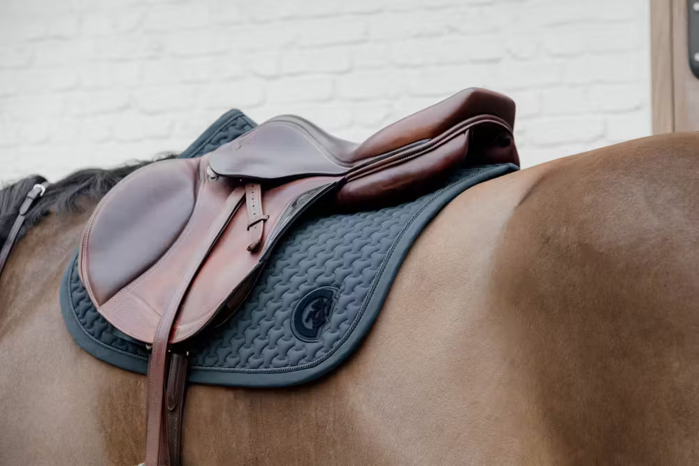 Brown saddle with a green saddle pad on a bay horse