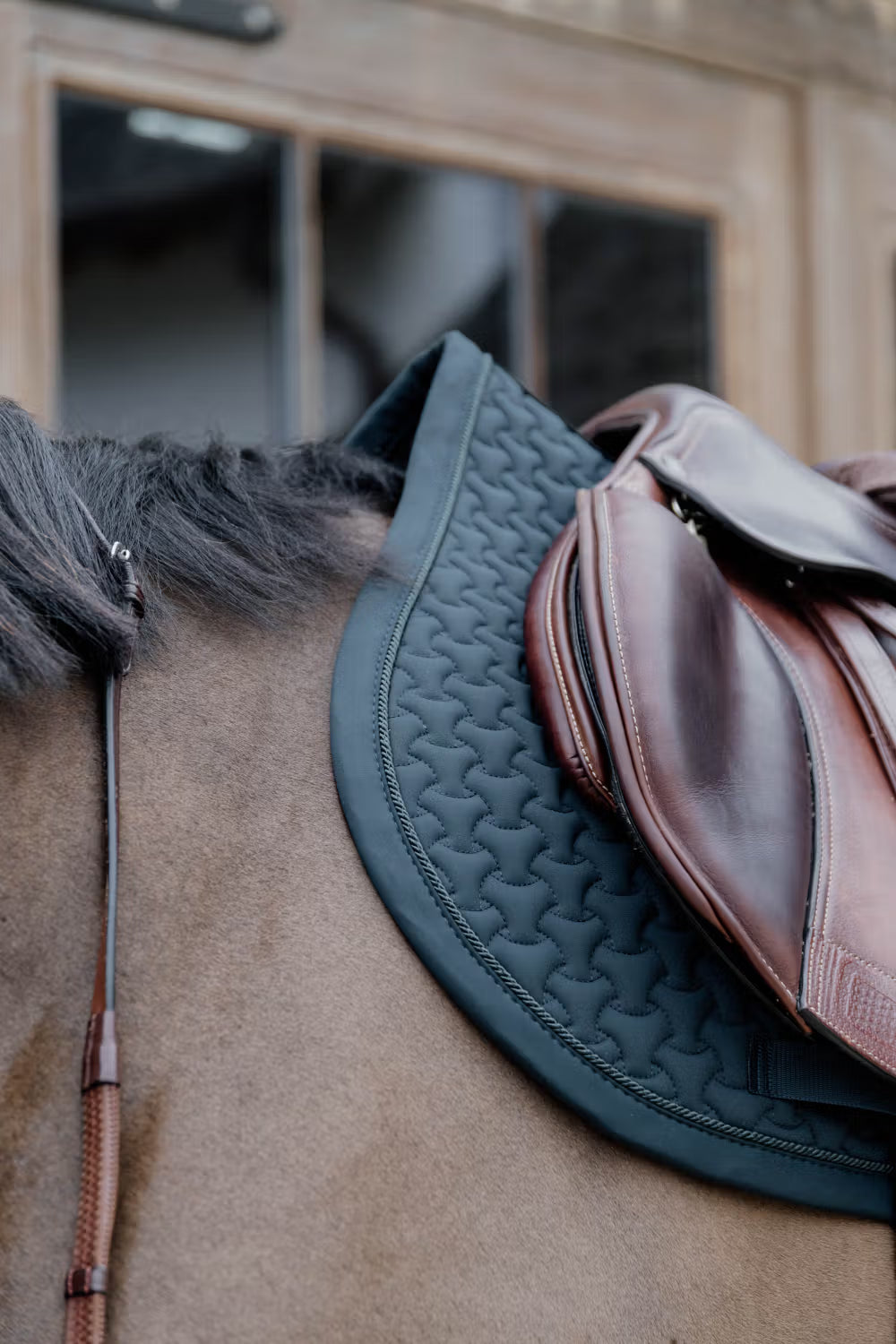 Close up of a brown saddle with a green saddle pad on a bay horse