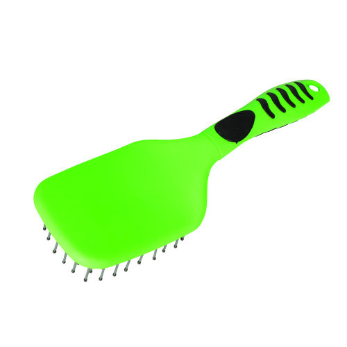 Green paddle brush with black handle on a white background