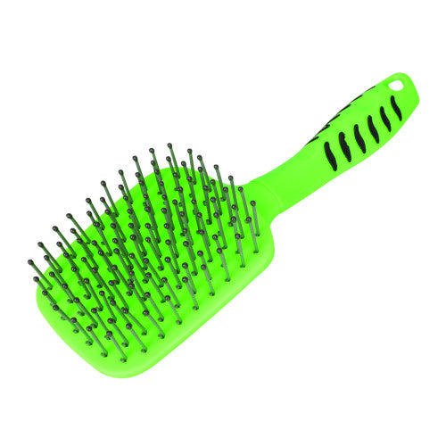 Green hairbrush with black bristles on a white background