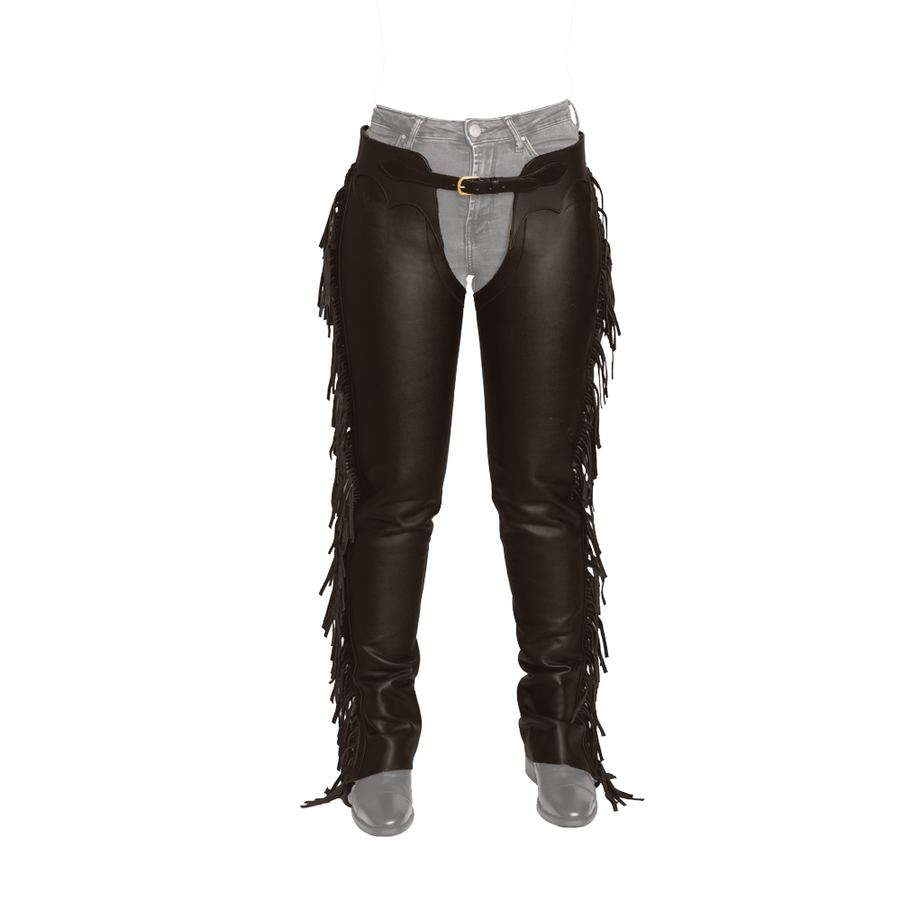 Long Artificial Leather Chaps With Fringes | Dy'on | Unique selling points cannot be determined due to insufficient product attribute details.