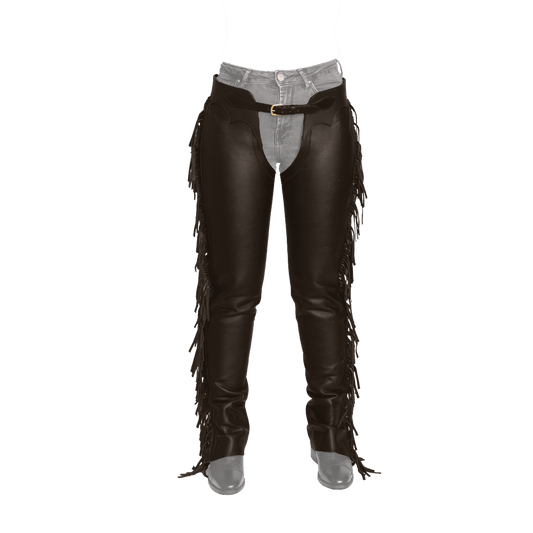 Long Artificial Leather Chaps With Fringes | Dy'on | Unique selling points cannot be determined due to insufficient product attribute details.