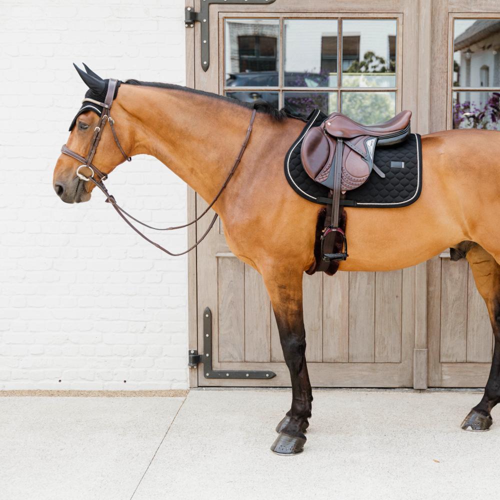 Black saddlepad under a brown saddle on a bay horse