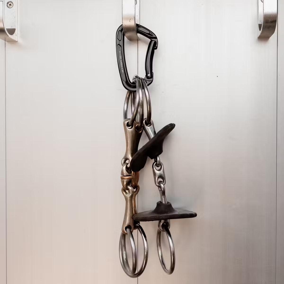 Metal horse bits hanging on a white wall