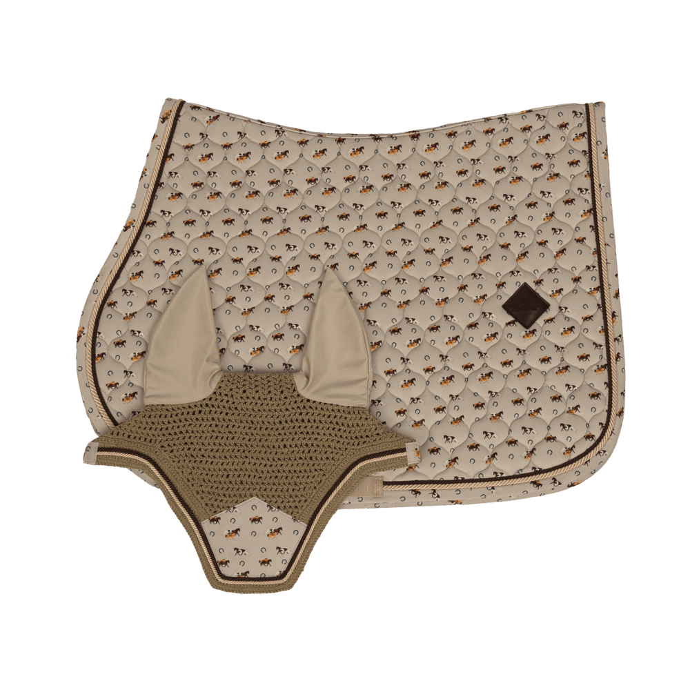 Horse themed saddlepad and ears on a white background