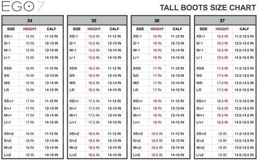 Size chart for EGO7 tall boots showing height and calf measurements.