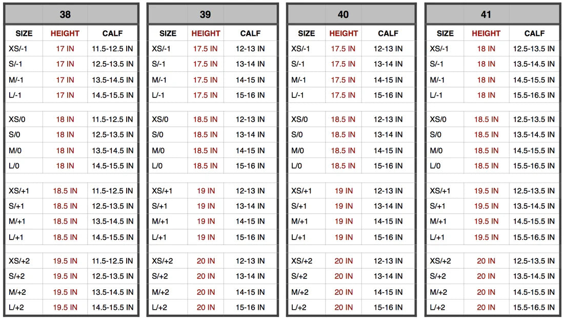 Size chart for shoes with height and calf measurements in inches.
