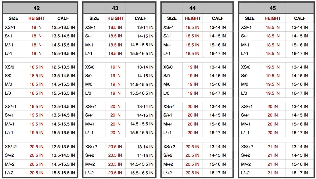 Size chart for shoes with height and calf measurements.