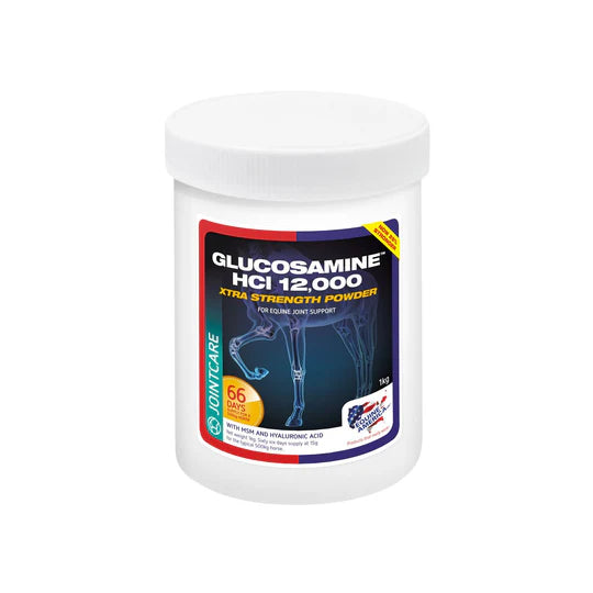 Glucosamine HCI 12,000 powder container on a white background