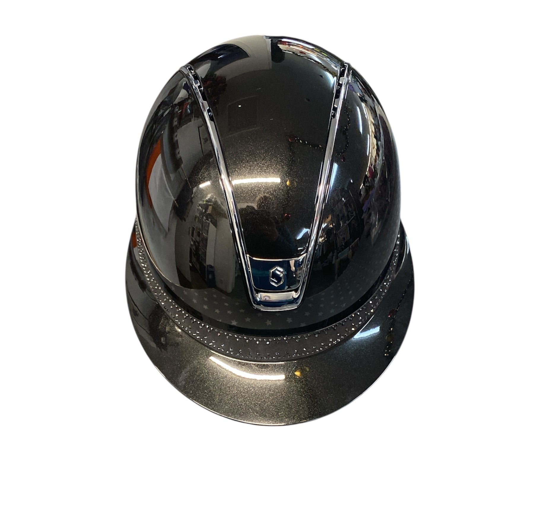 Black riding helmet on a white background